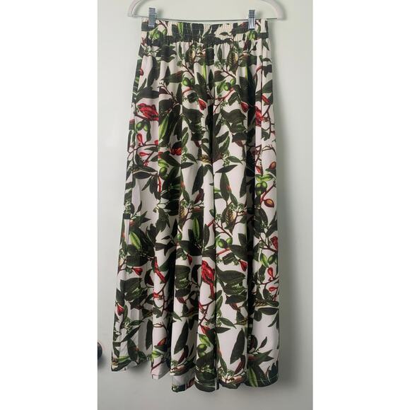 B My Story Long Wide Leg Pants With Berry ,Leaf , Red Bird Print Elastic Waist L - Picture 1 of 11